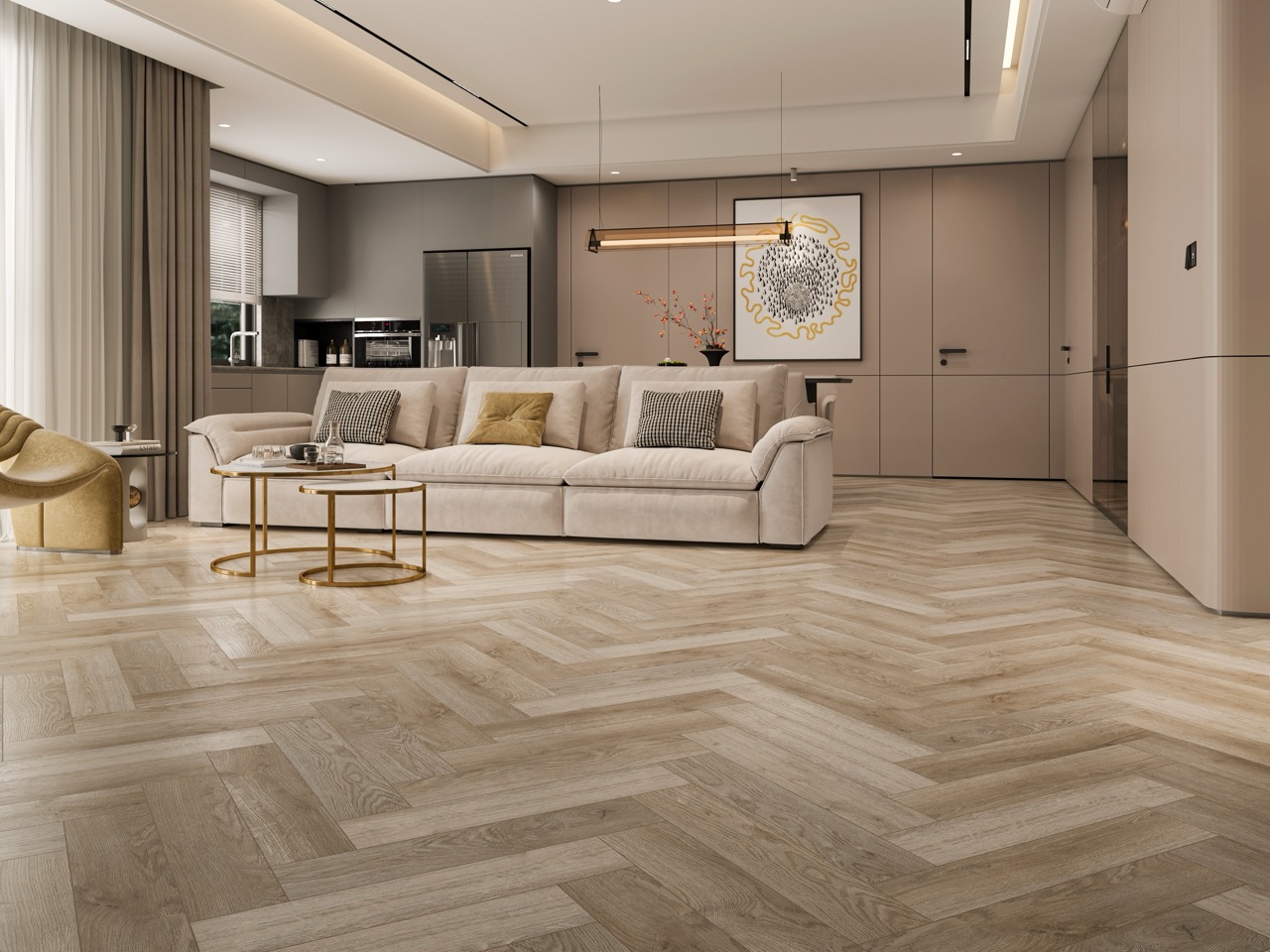 Кварцвиниловый SPC ламинат Cronafloor Herringbone Дуб Лилль H007 венгерская елка 640×128×4,5 фото в интерьере